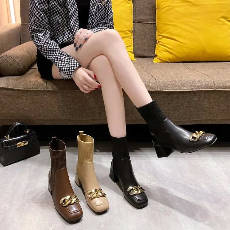 2022 Autumn New Fashion Boots Women's Shoe Sleeve Winter Cloth Fashion Boots Coarse Heel PU Mid Heel