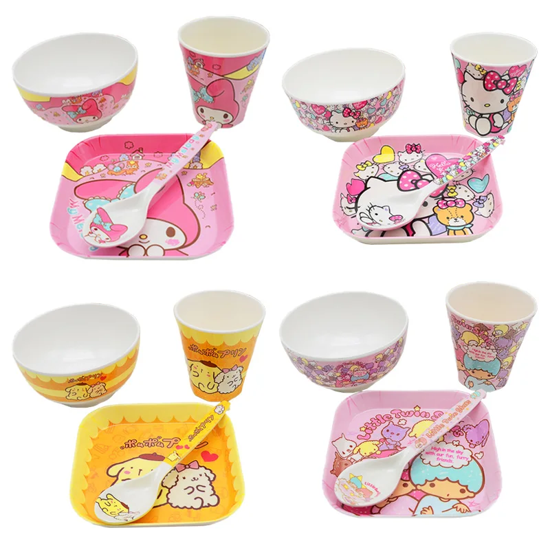 Kawaii Anime My Melody Kitty Little Twin Stars Purin Dog Cute Cartoon Children's Tableware Dishes Plates Spoons Cups 4 Piece Set