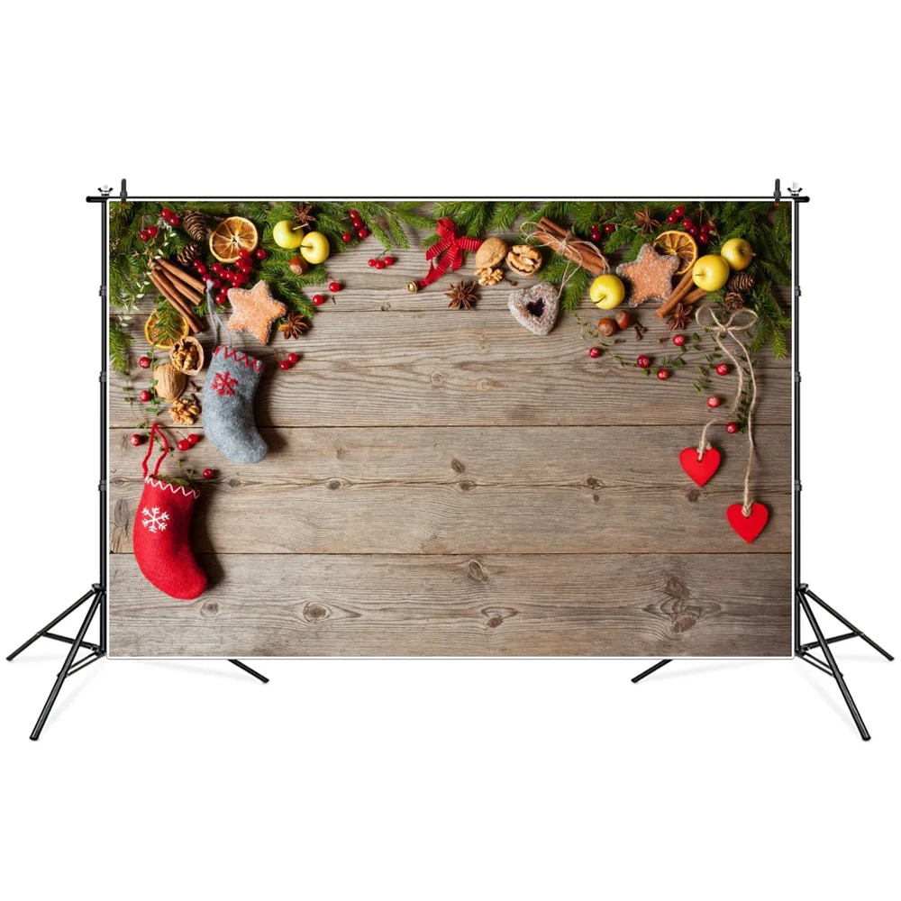 

Фон для фотосъемки с изображением рождественских носков сосны падуба листьев деревянных досок доски фотообои на заказ Фотообои