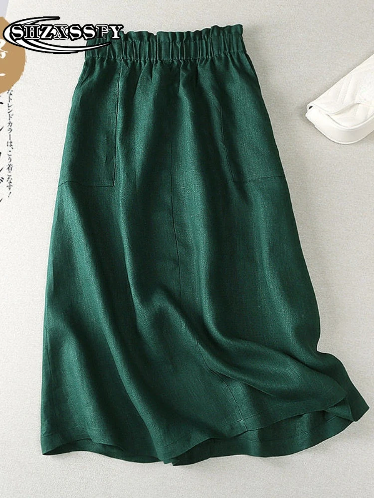

High-waisted Skirt Woman Fashion 2023 Cotton Linen Green Midi Skirt Loose Literary Artistic Simplicity Women's Summer Skirt