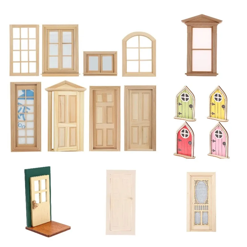 

1/12 Dollhouse Miniature Wood External Single Door Wooden Window Frame DIY Accessories Doll House Furniture Toys Multi Styles