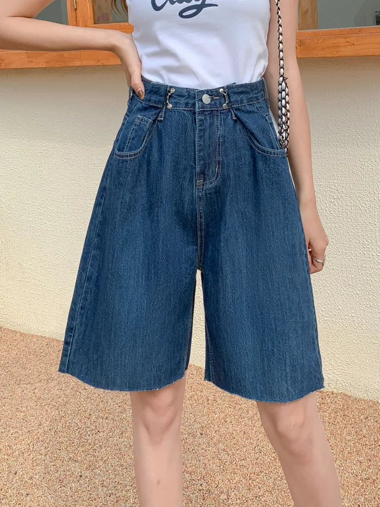 

Straight Wide Leg Denim Shorts Women Summer Elastic A-line High Waist Girls Cuffs Short Pants Fashion Loose Tear Edge Shorts