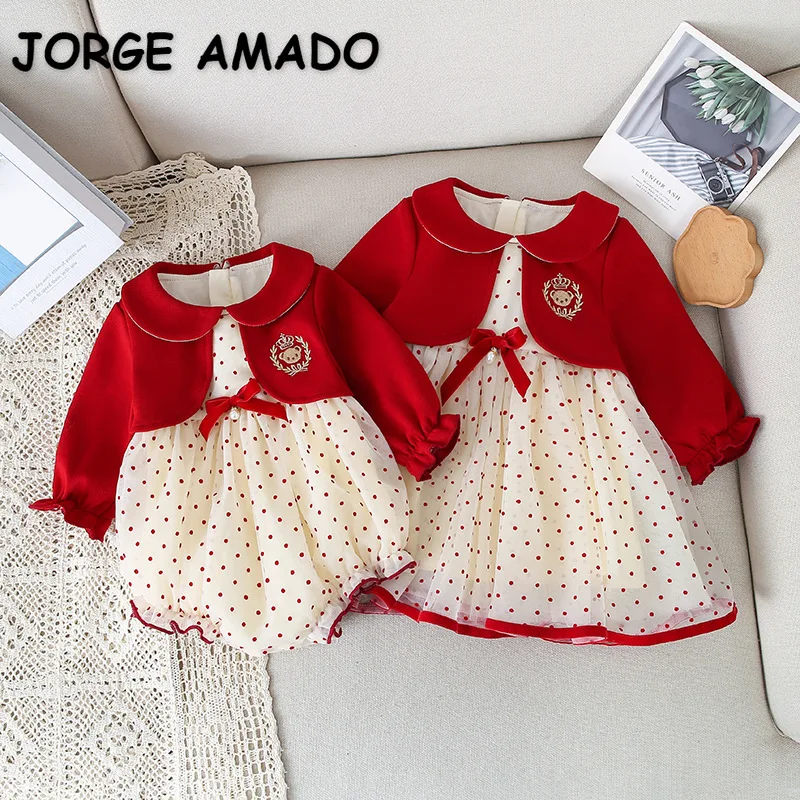 

Spring Autumn Family Matching Outfits Red Peter Pan Collar Bodysuit Bow Patchwork Dress Twins Sisters Birthday Clothes E30365
