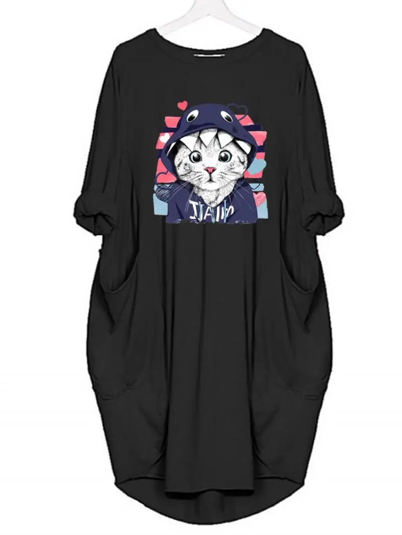 

Loose Dress Women Kawaii Cat Printing Long Sleeves O Neck Dress Female Clothing Casual Elegant Summer Autumn Women 2022 Dresses