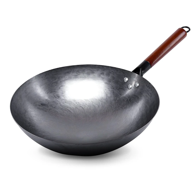 Zanaat Wok düz el dövme karbon çelik güç Wok ile mutfak tencere ahşap ve çelik yardımcı kolu (14 inç, düz tabanlı)