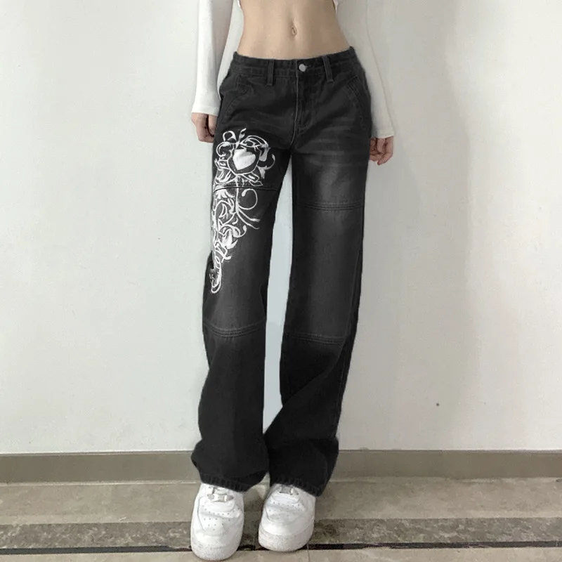 Streetwear Jeans Woman Baggy Jeans Printed Loose Zipper Fly Vintage Clothes Korean Fashion High Waist Straight Leg Jeans Women