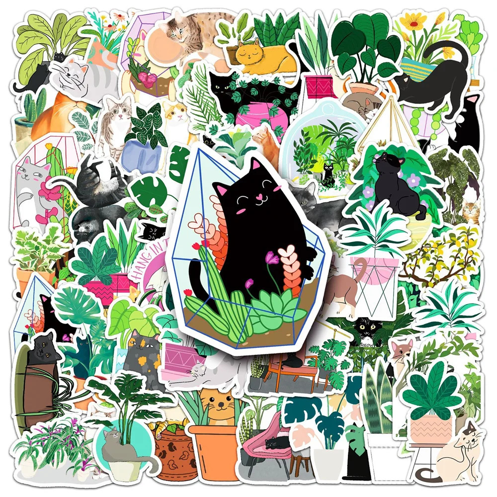 

10/30/50PCS New Cat and Plant Cartoon Personality Creative Suitcase Mobile Phone Chair Decoration Waterproof Sticker Wholesale