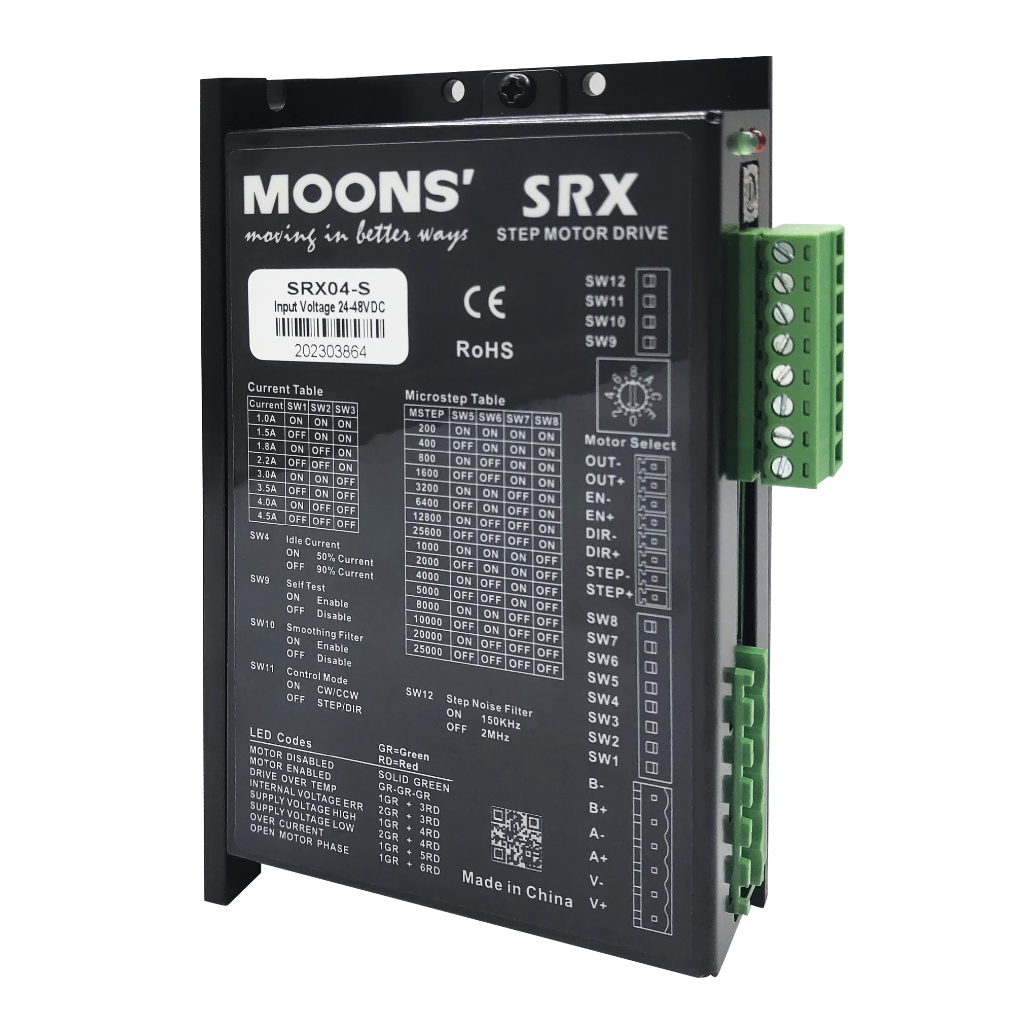 

MOONS Latest version SRX04-S 2-phase stepper drive 4.5a 24-48VDC micro step stepper motor drive