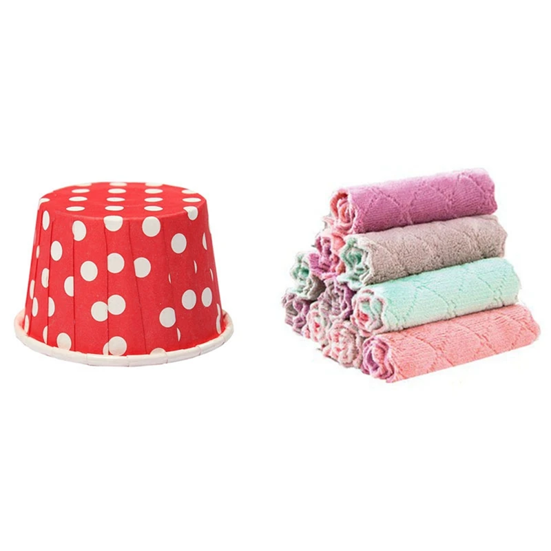 

100 Pcs Cupcake Wrapper Paper Cake Case Baking Cups & 15 Pcs Double-Sided Dish Cloth Absorbent Cleaning Cloth