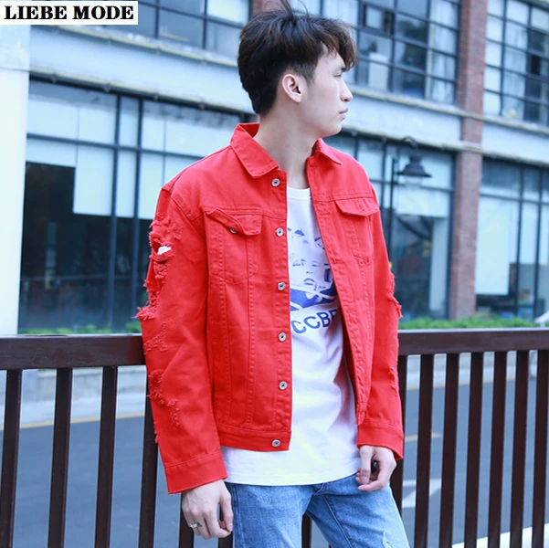 

Men's Casual Ripped Jean Jacket Men Streetwear Hip Hop Bomber Distressed Denim Jackets Coats with Holes Pink Red White Black