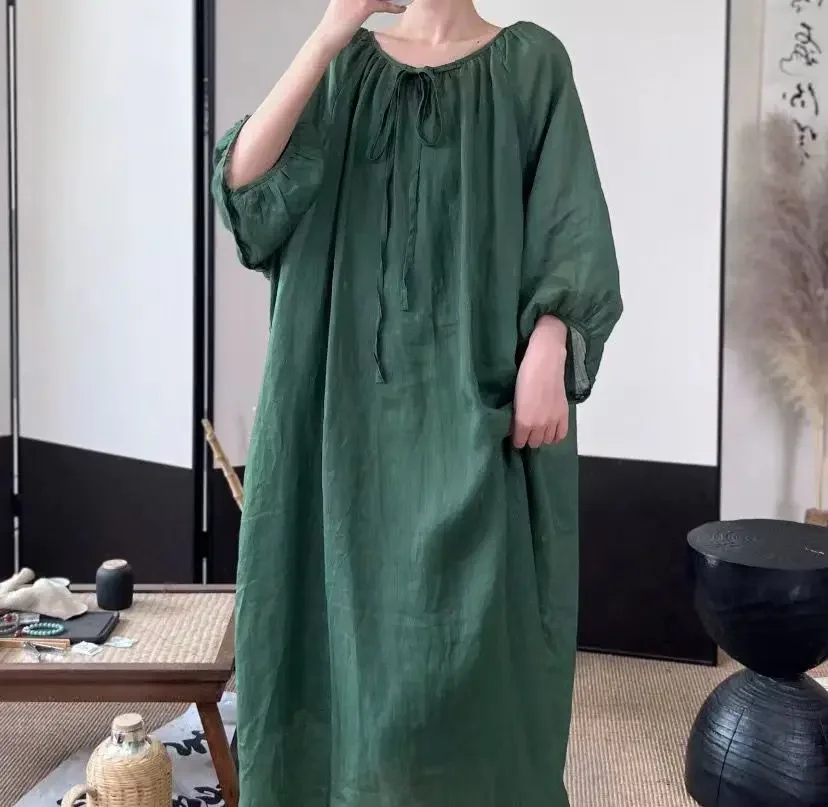 Платье-миди женское тонкое из хлопка и льна с круглым вырезом