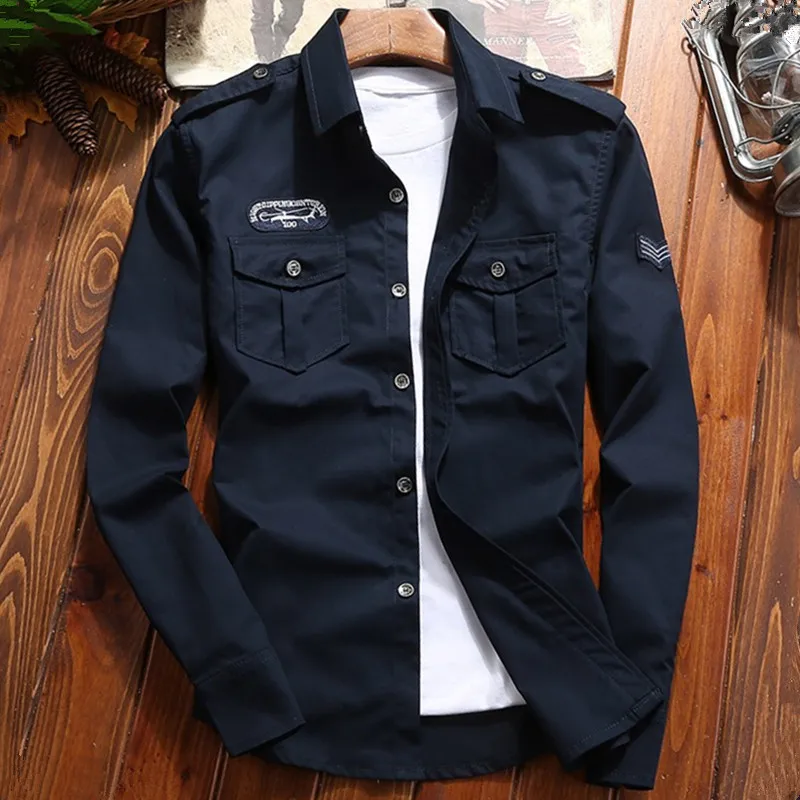 

2022 Spring Men Military Many Pocket Fashion Leisure Long Sleeve Air Force Pure Cotton Slim Shirt High Quality Blouses Tops
