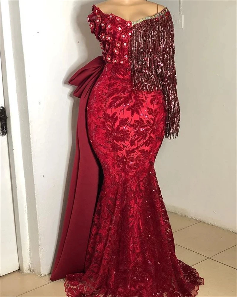 

Вечерние платья с открытыми плечами в арабском и бордовом стиле Aso Ebi 2022, Африканское кружевное платье с кисточками для выпускного вечера и п...