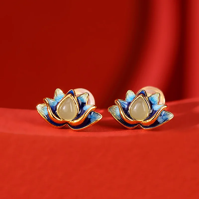 

Yilu Silver S925 Sterling Gold Plated Cloisonne China-Chic Hetian Jade Lotus Earrings Temperament Personality Versatile