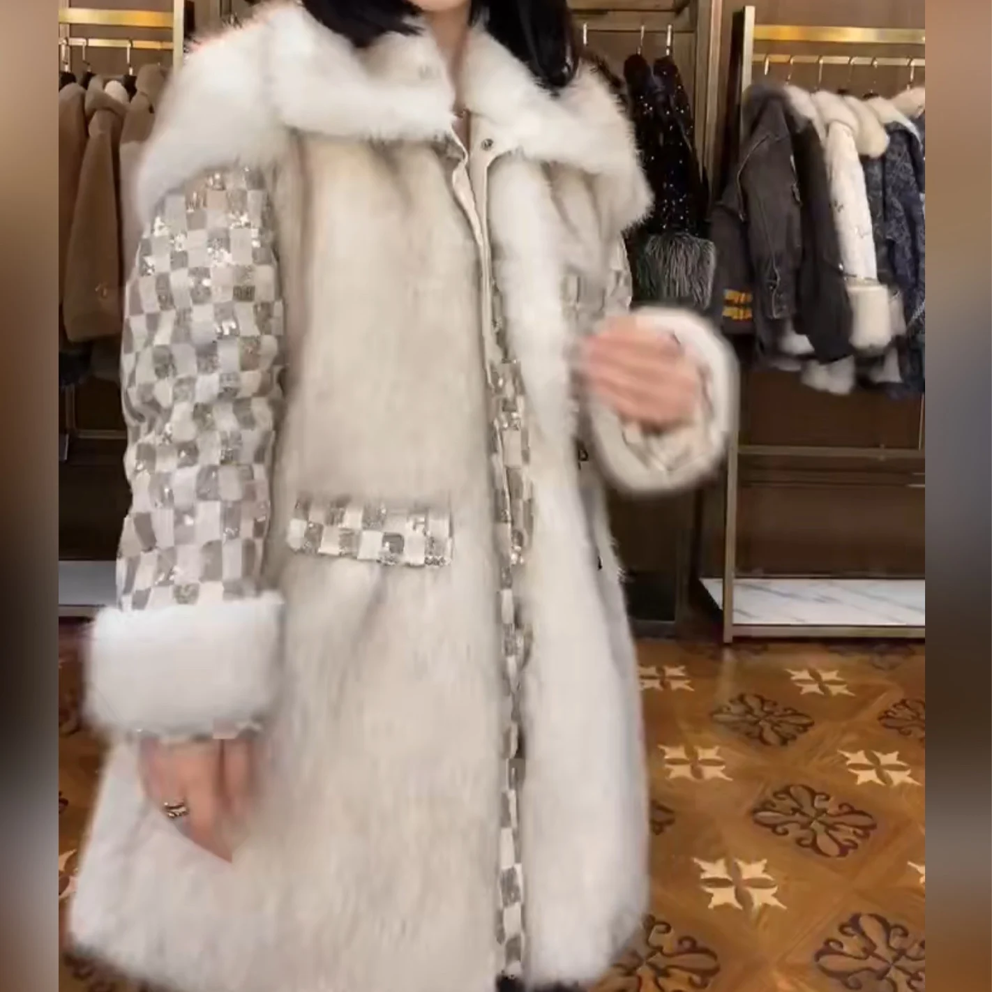 Fur Long Sleeve Women's Toka Double Face Wool Leather Warm Jacket 2021 New Winter Clothes Heavy Sequins Casual Elegant Coat