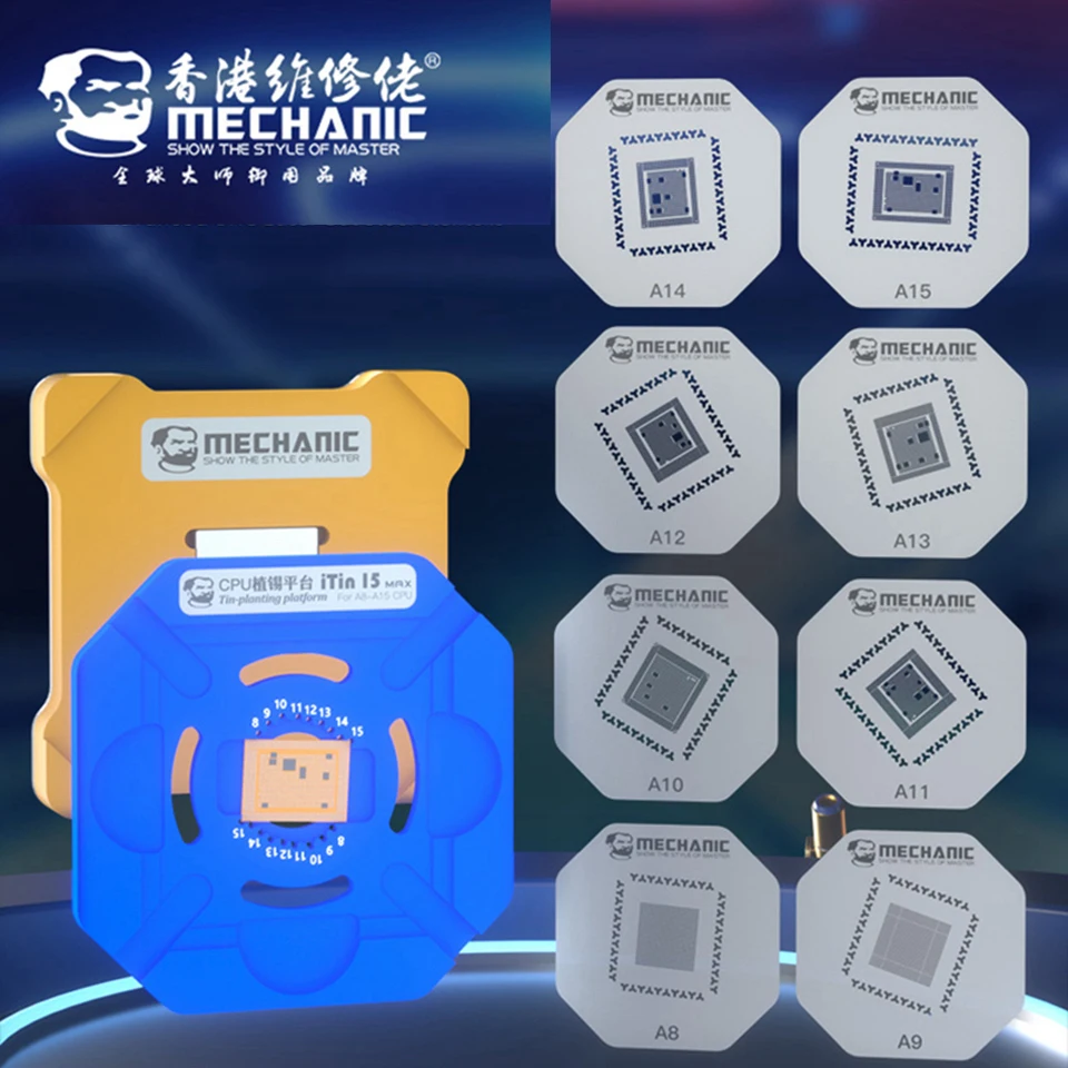

Стальные трафареты для позиционирования процессора Mechanic iTin 15 Max, платформа для посадки микросхем процессора для iPhone A8, A9, A10, A11, A12, A13, A14, 8 в 1