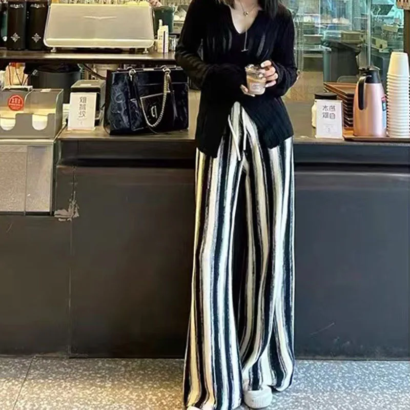 

Брюки Limiguyue женские трикотажные, прямые повседневные штаны в полоску, с завышенной талией, с широкими штанинами, приталенные, черные, белые, на осень-зиму