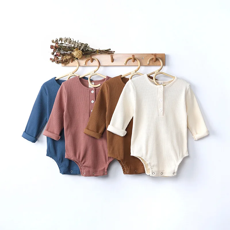 2022 Spring/autumn New Born Baby Onesie Solid Color Long Sleeve O-Neck Unisex Girl Boy Romper Cotton Covered Button Kids Clothes