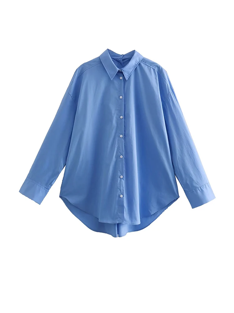 

Women Long Sleeve Loose Blue Cotton Shirts 2022 Spring Autumn Single Breasted Blouses Casual Tops
