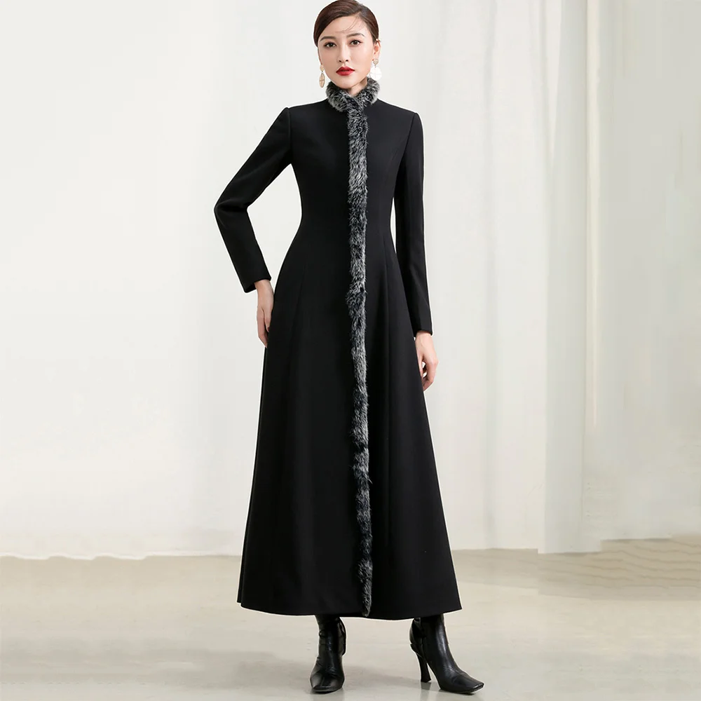 

Длинное женское Шерстяное Пальто, сезон осень-зима, модное винтажное плотное теплое пальто из кроличьего меха с воротником-стойкой, шерстян...