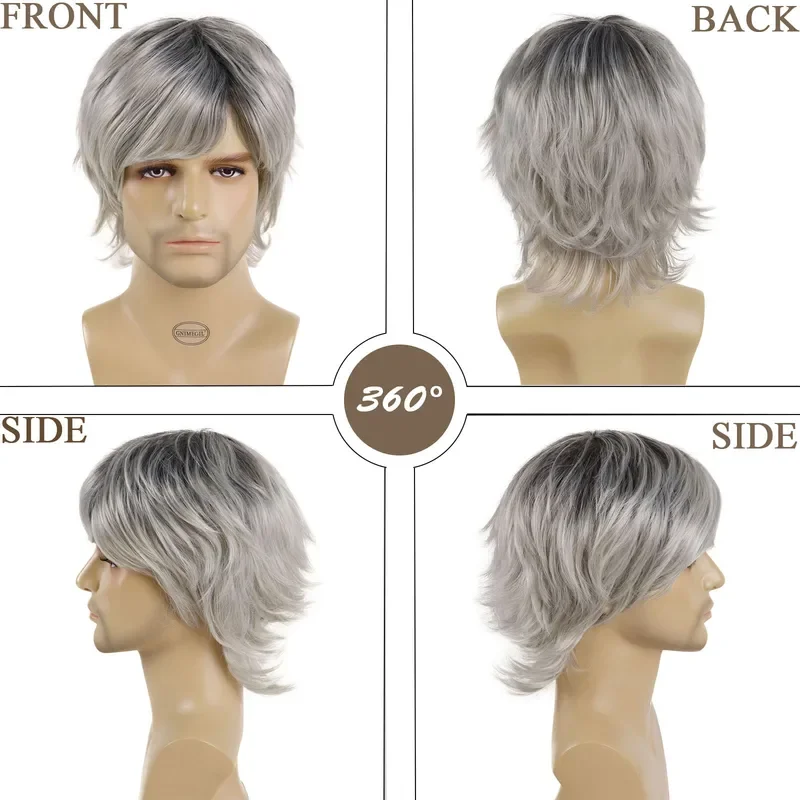 Серые парики Омбре для мужчин короткие синтетические волосы с челкой темными