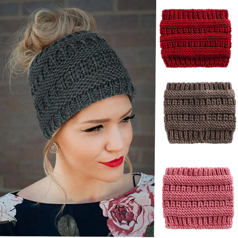 

Winter Women's Ponytail Beanies Solid Color Ladies Warm Stretch Knitted Crochet Hat Fashion Cable Knit Skullies Cap For Female