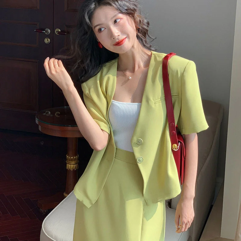 

Fashion All-match Temperament Short-sleeved Blazers Short Coat + Casual Slit Skirt Business Formal OL Suits Two-piece Sets Women