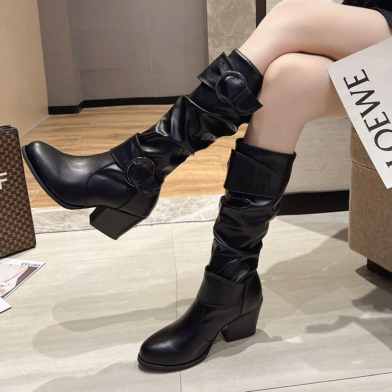 Autumn Winter Women High Heels Chelsea Boots 2022 New Fashion Mid Calf Motocyle Boots Chunky Pumps Ladies Shoes Causal Bootas