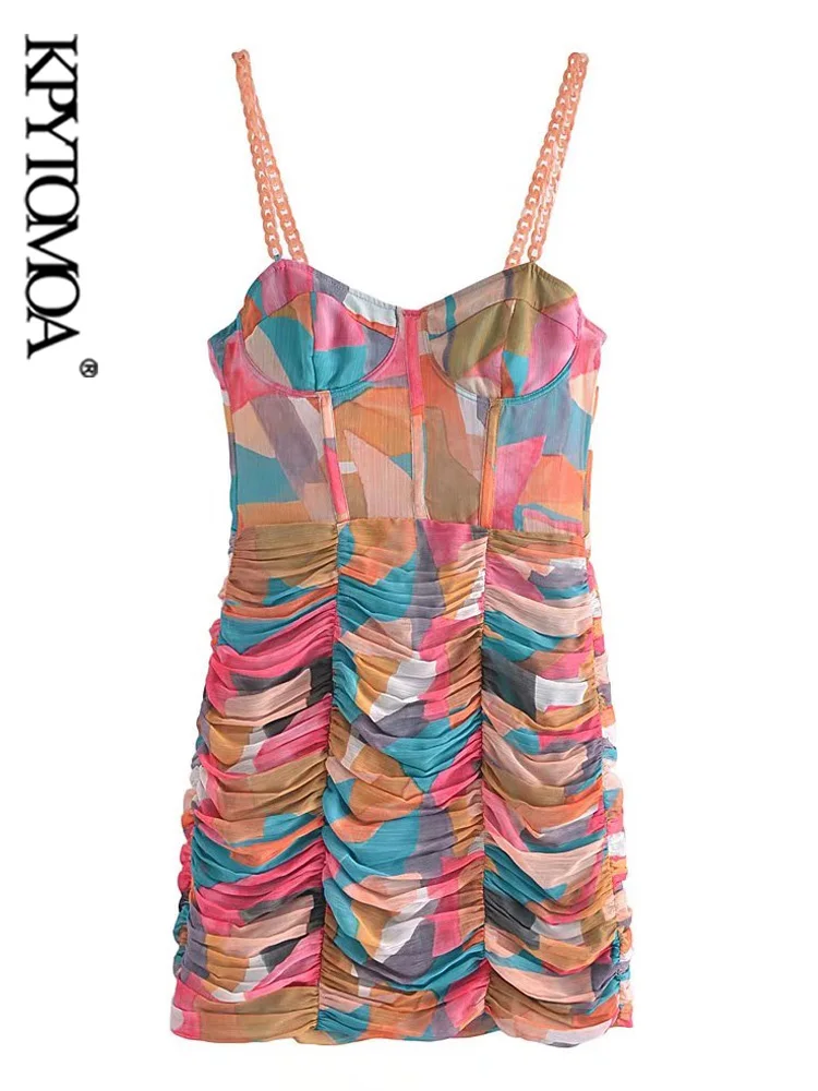 

KPYTOMOA Women Fashion Printed Draped Mini Dress Vintage Backless Zipper Chain Strap Female Dresses Vestidos Mujer