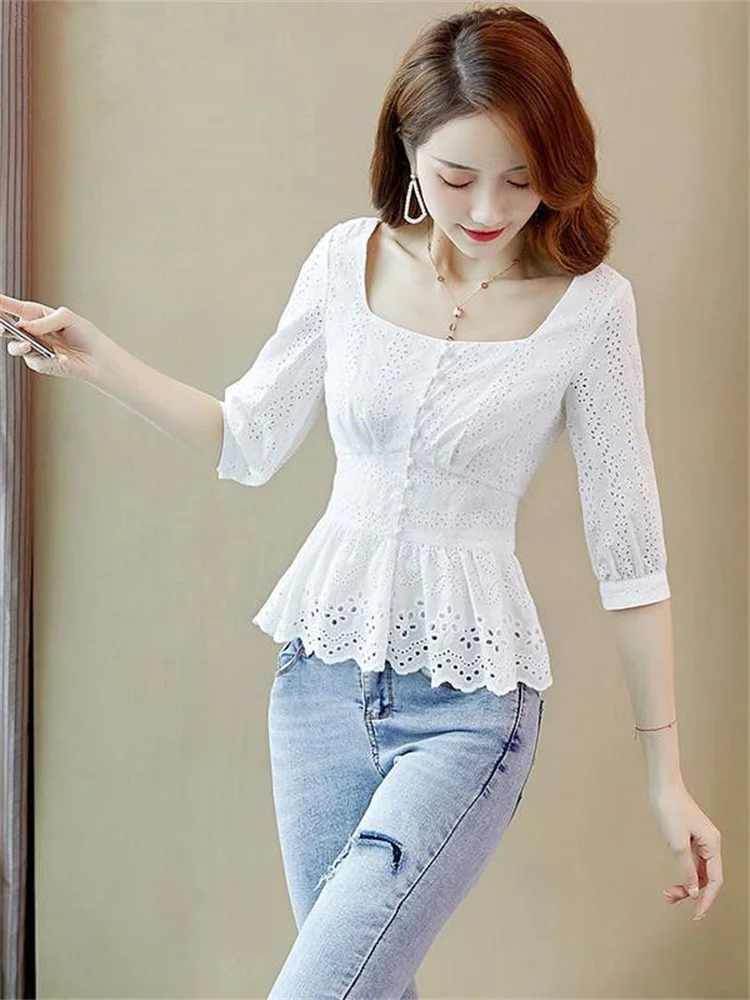 

Women Spring Autumn Embroidery Chiffon Blouses Women Casual Half Sleeve White Shirts Women Hollow Out Lace Bluses Tops DF3302