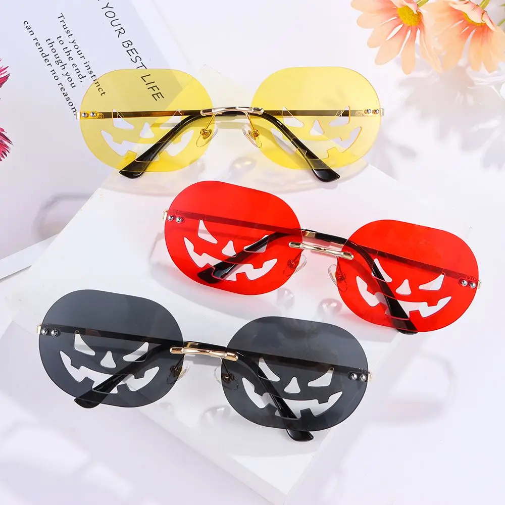 

Trendy Retro Rimless Sunglasses Pumpkin Glasses for Women Men Vintage Oval Cutout Funny Party Glasses Halloween Decorations