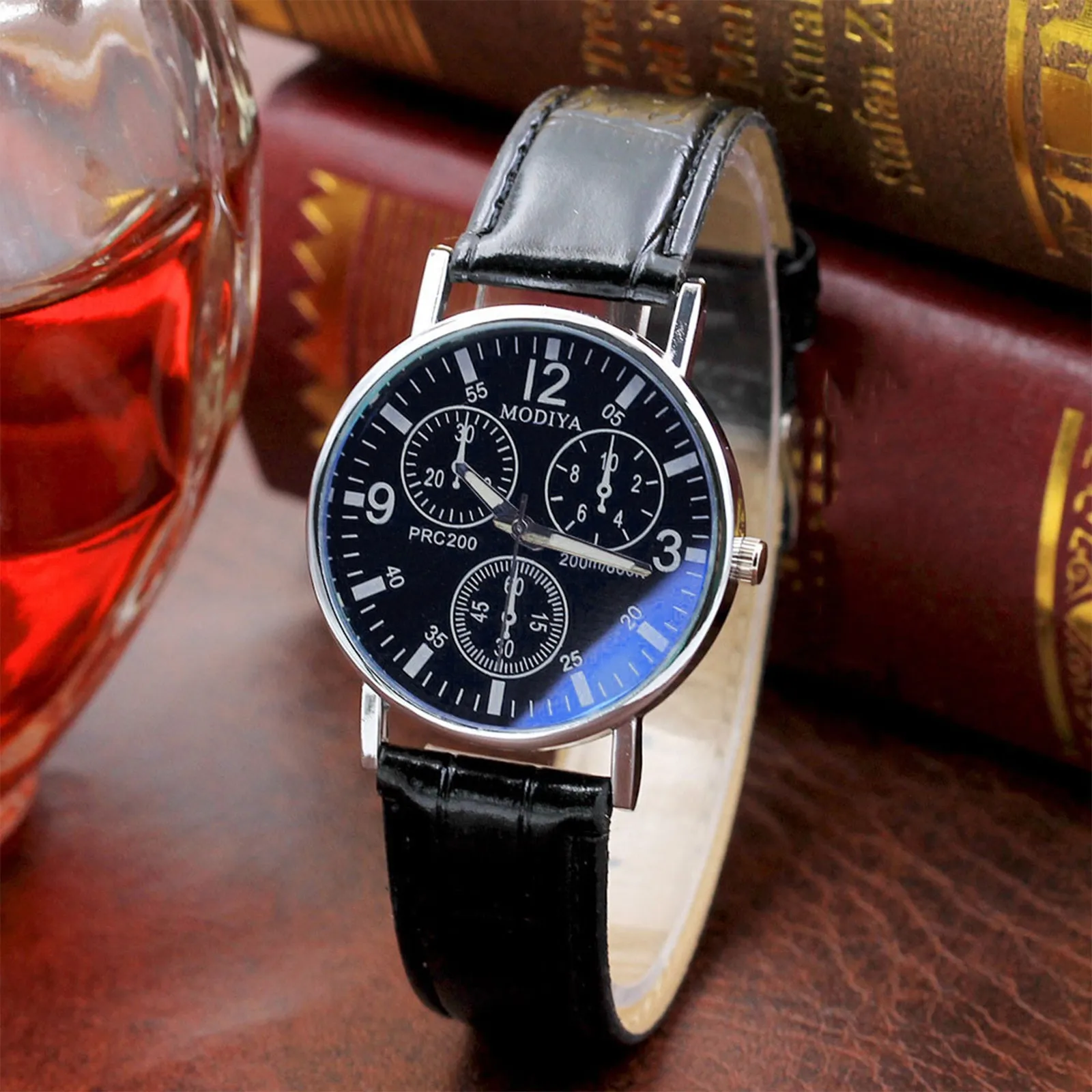 

Six Pin Watches Quartz Men's Watch Blue Glass Belt Watch Men leather strap Classic Clock Mechanical Watch Kol Saati Erkek