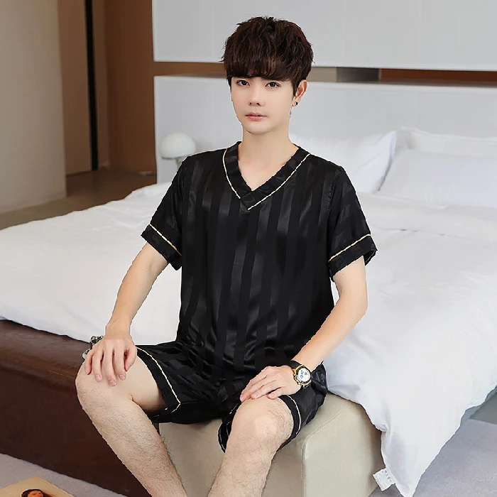 Men's Pajamas 2022 Summer Stripe Silk Short Sleeve Tops Shorts Suit Man V-neck Pullover Simple Luxury Pyjamas Men Sleep & Lounge