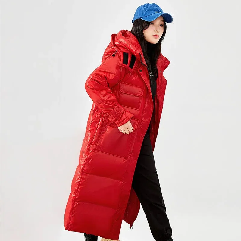 High-End Down Jacket Women Winter 2022 Detachable Cap Long Over Knee Parkas Thickened Warm Glossy 90 White Duck Down Coat Female