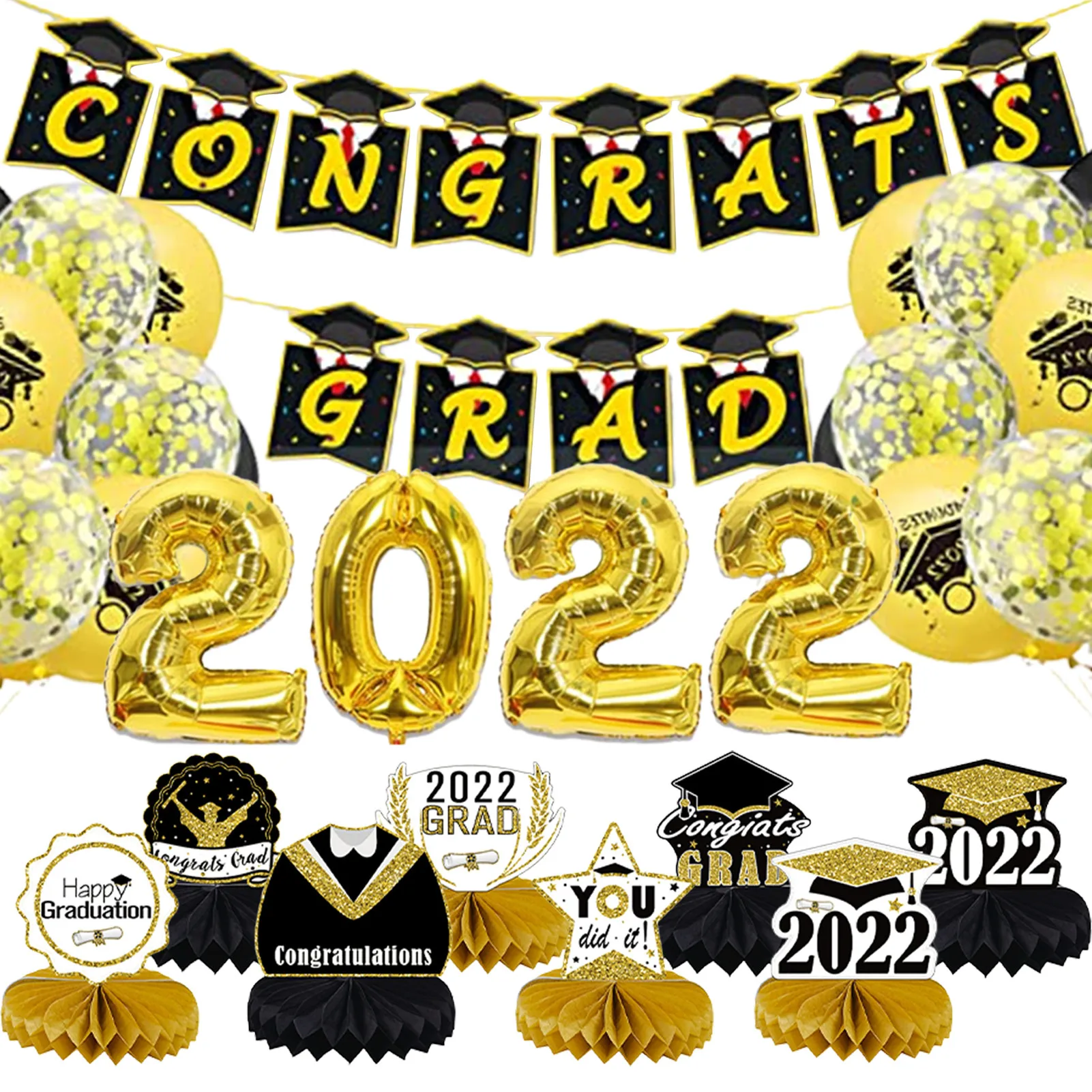 

Украшения для Выпускной вечеринки 2022, черные и золотые украшения для Выпускной вечеринки, включая градиентные баннеры, центральный элемент...