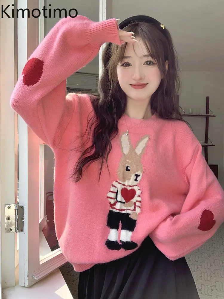 

Свитер Kimotimo с вышивкой в виде сердца и кролика, Женский трикотажный топ в Корейском стиле преппи с круглым вырезом, милый Свободный пуловер ...