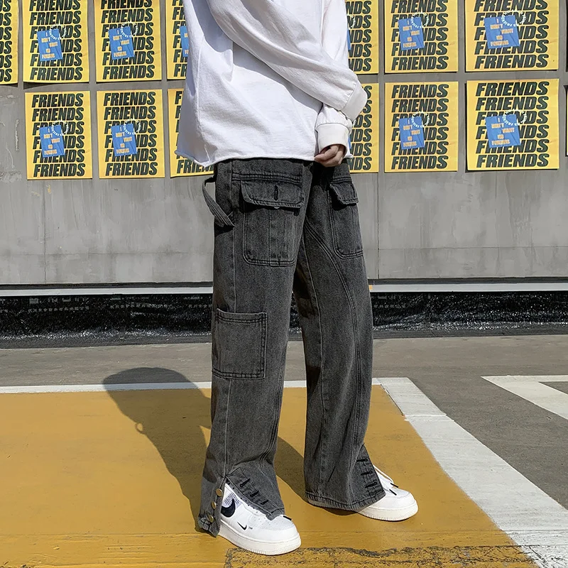 DEEPTOWN Black Cargo Jeans Men Retro Straight Denim Pants Pockets Button Trousers Male Fashion Streetwear Hip Hop Korean Spring