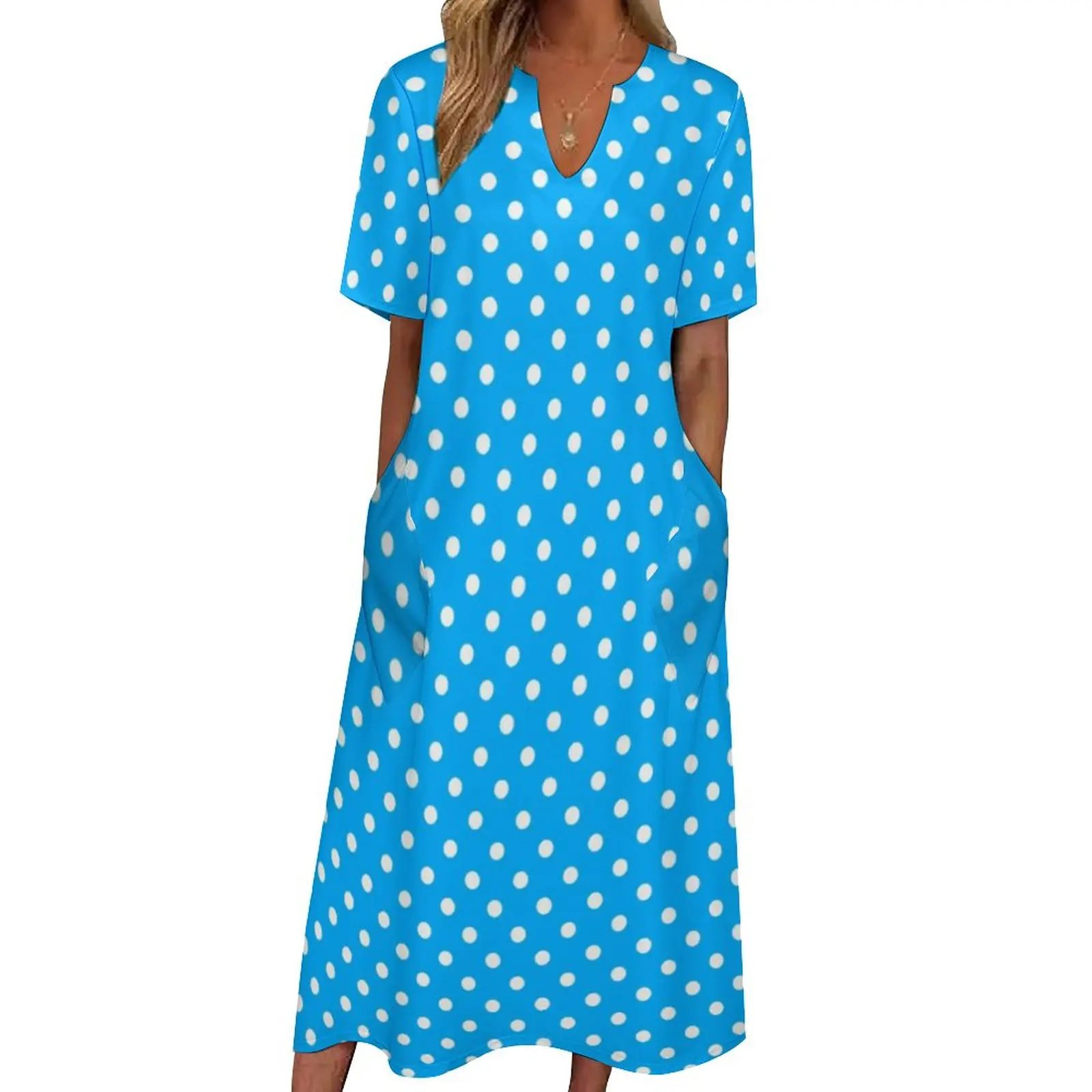 

Blue And White Polka Dot Dress Spots Print Elegant Maxi Dress V Neck Graphic Boho Beach Long Dresses Street Oversized Vestido