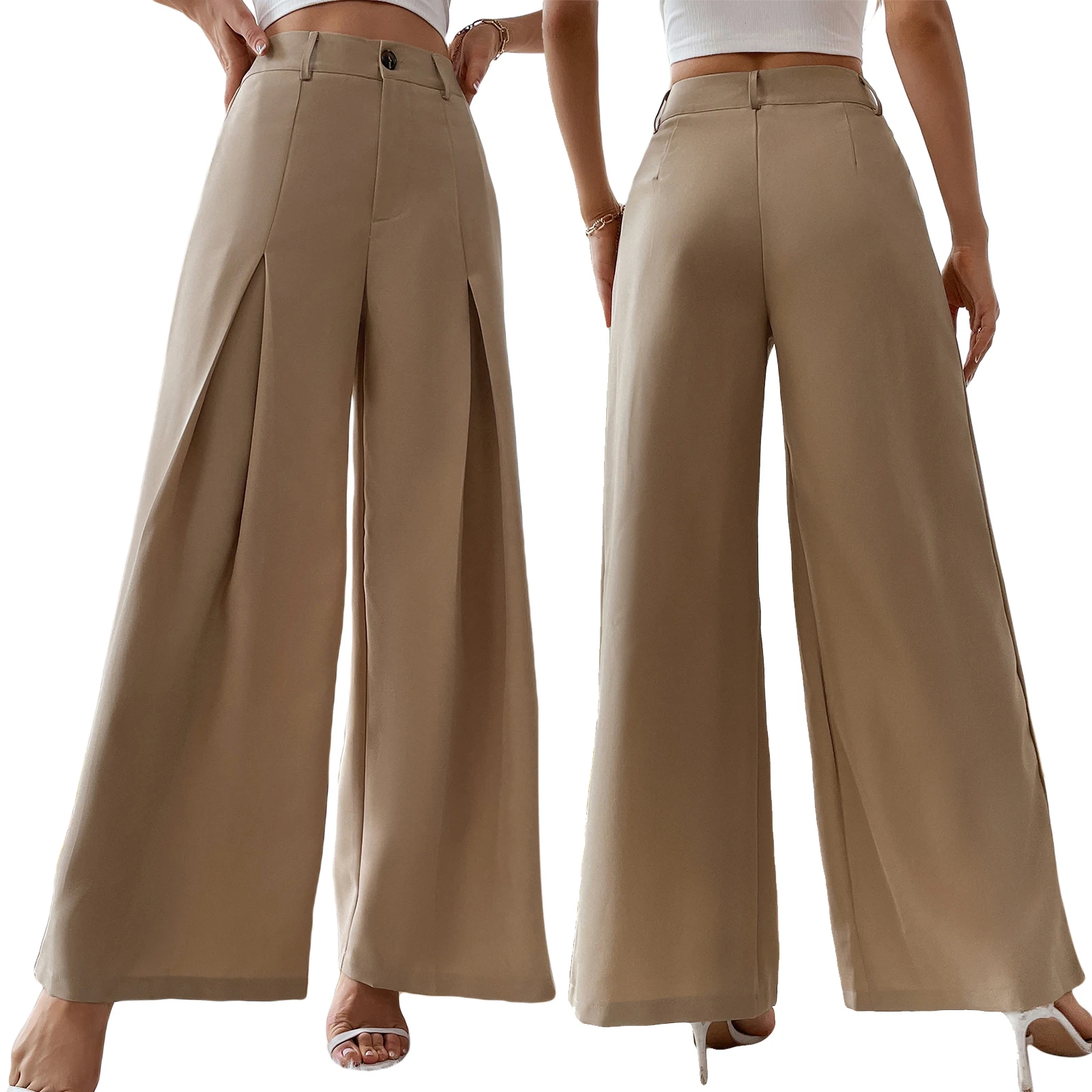 

Summer Women's High Waist Straight Trousers Fashion Female Khaki Drape Wide Leg Pants