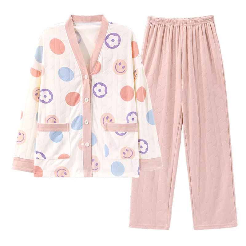 Women's pajamas, spring and autumn cotton long suit, household clothes, collarless cardigan, lovely style, can be worn outside