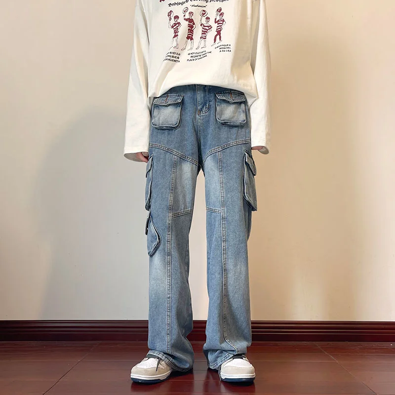 Blue Baggy Jeans Men Fashion Multiple Pockets Cargo Jeans Men Streetwear Hip Hop Loose Straight Denim Pants Mens Trousers M-2XL