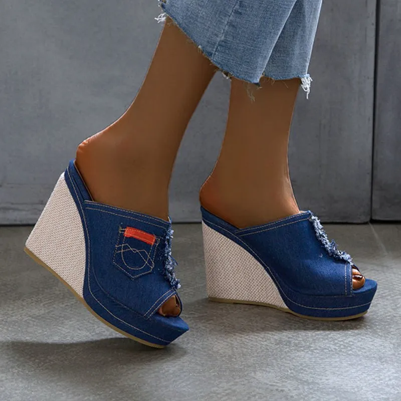 

Thick Bottom Women Slippers Platform Jeans Wedge Heels Mules Shoes 2021 Summer Sandals Woman Open Toe Wedge Shoes for Woman