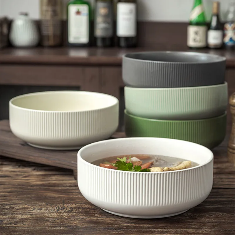

1pc 7.8" Soup Dishes Vertical Embossed Matte Glazed Deepen Design Household Ceramic Dinner Plates 1320ml Salad Bowl