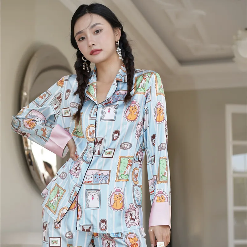 

2022 Spring Animal Cartoon Printed Pajamas Set for Women Loungewear Sleepwear for Women Casual Loose Long Sleeve Pants 2 Pieces