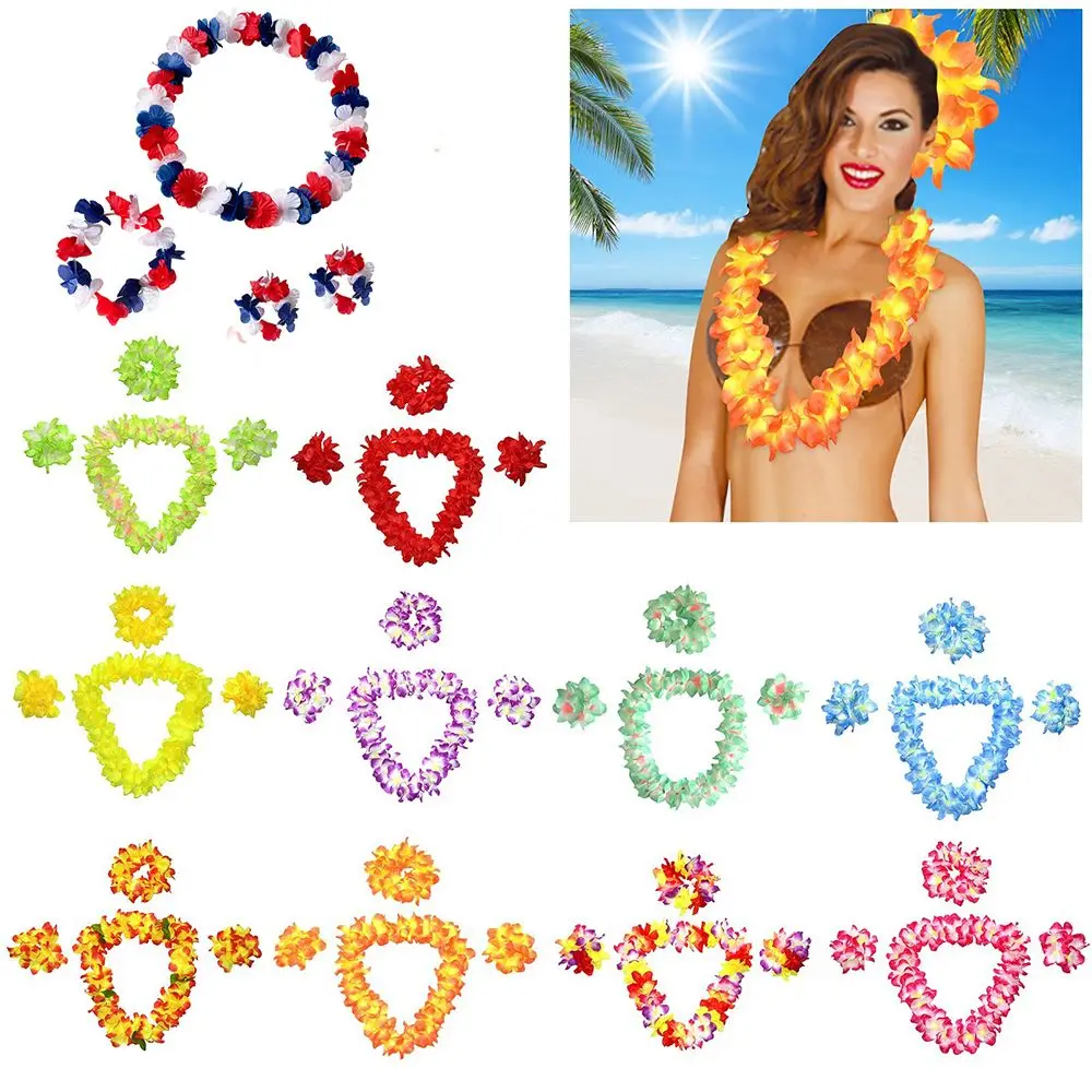 

4pcs/set Hawaiian Flower Lei Hula Necklace Garland Headband Wristbands Wedding Decorations Beach Tropical Party Supplies