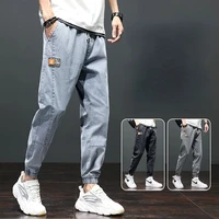 men jeans summer solid color loose pockets stitching denim pencil pants trousers streetwear jeans mens lace up mid waist jeans