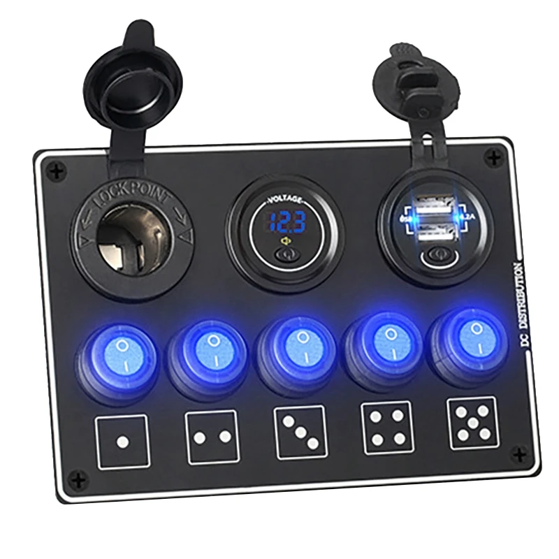 

5 Gang Rocker Switch Panel 4.2A Dual USB Slot Socket Digital Voltage Display For Marine Car Waterproof