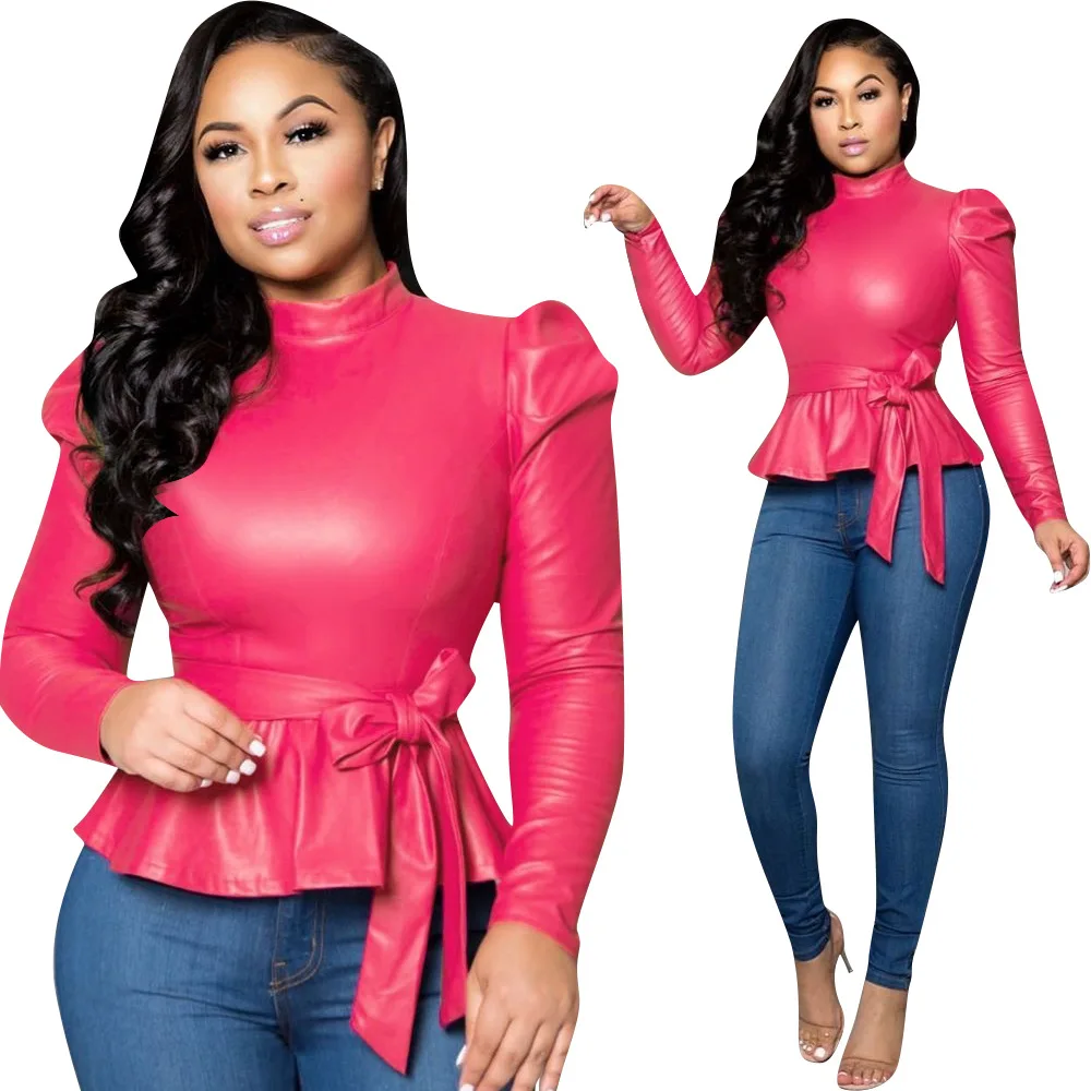 

Женская Офисная куртка из ПУ кожи, с длинным рукавом и оборками