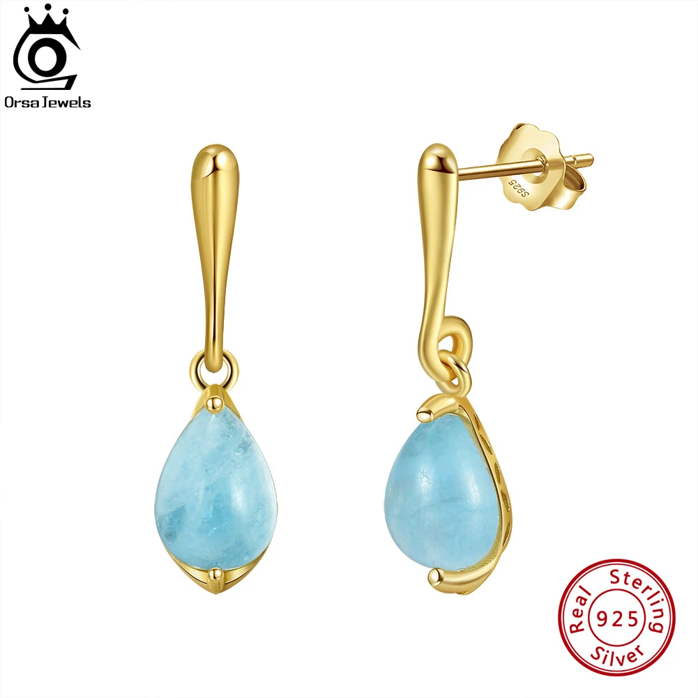 

ORSA JEWELS 100% Real 9mm Natural Aquamarine Dangle Earrings for Women 14K Gold Water Drop Shape Earrings Fashion Jewelry GME27