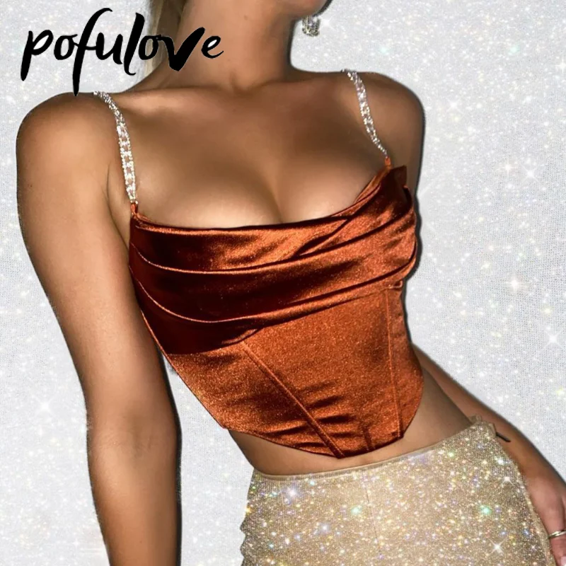 

Майка женская на бретельках, облегающий однотонный корсет с цепочкой и бриллиантами, пикантная Короткая атласная майка без рукавов, в европ...